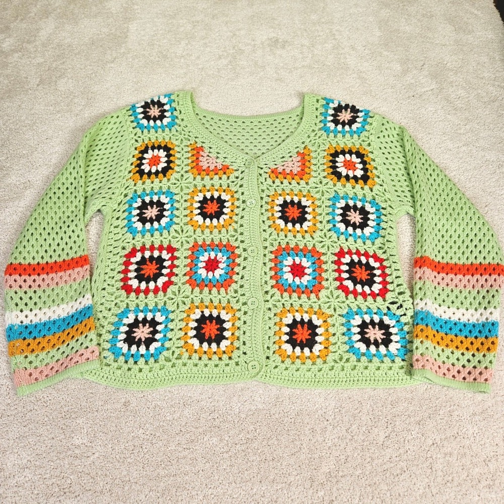VTG Style Granny Square Crochet Cardigan‎ Mint Green Boho Cottagecore Sweater XL